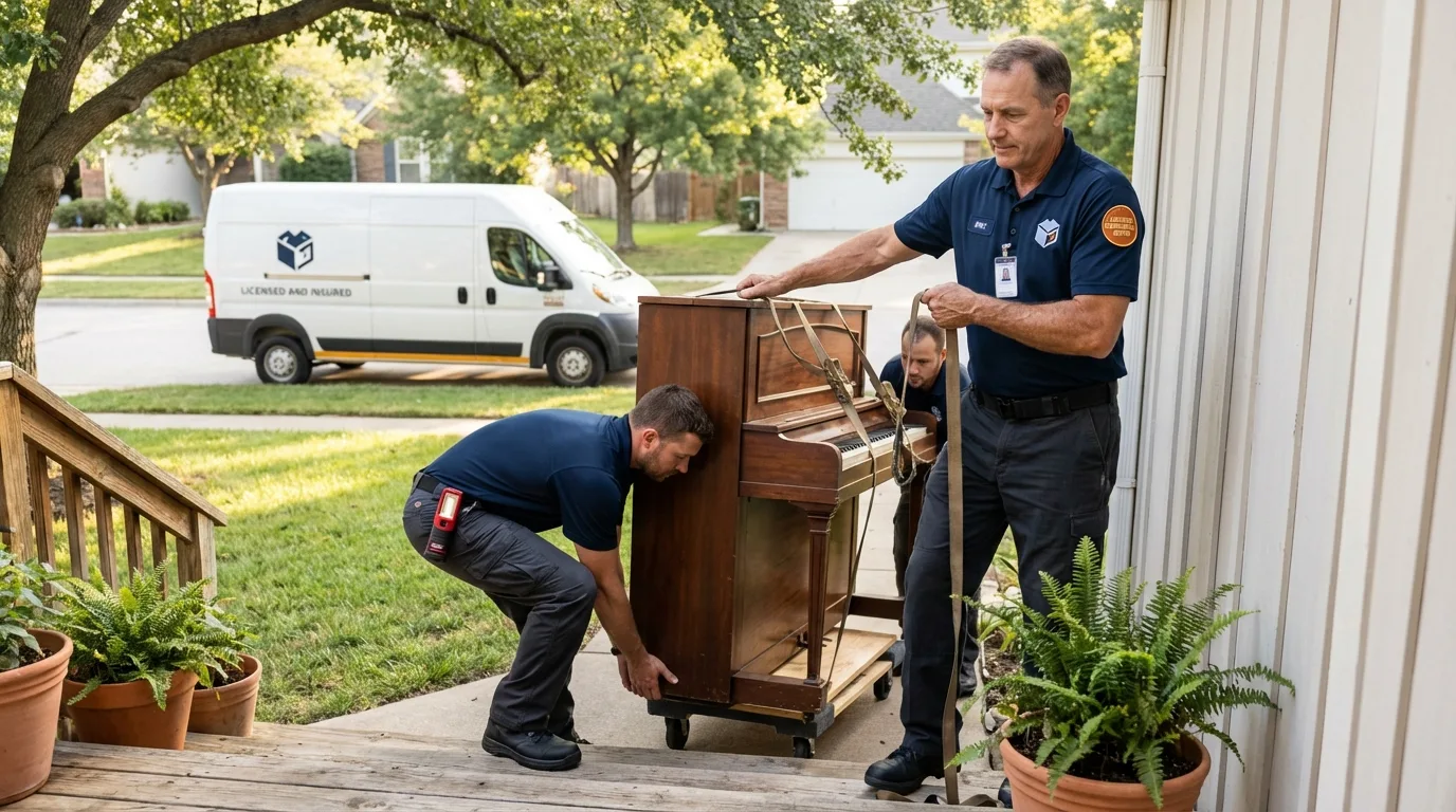 Licensed piano movers securing grand piano in Bajadero, PR