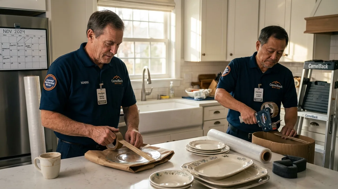 Professional crew packing kitchen dishware in Bajadero, PR